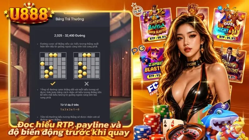 Bảng thông số hiển thị RTP cùng số payline của từng tựa game